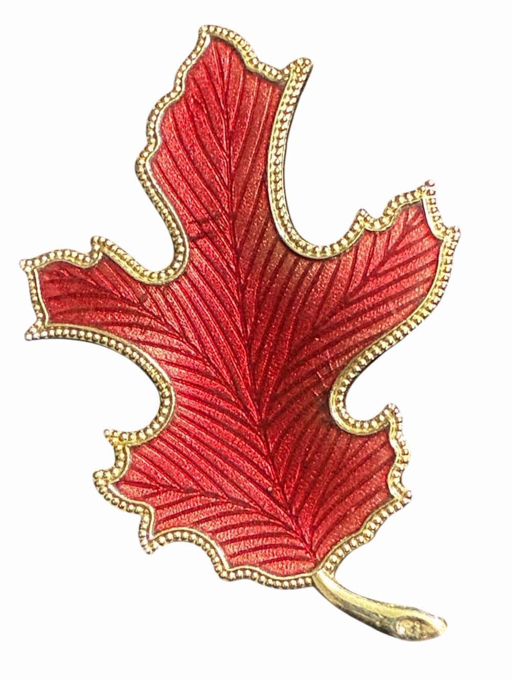 Vintage Red Leaf Brooch with Gold Tone Trim
